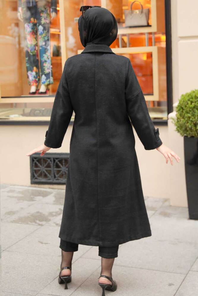 Neva Style - Düğmeli Siyah Tesettür Kaşe Kap 5808S - 5