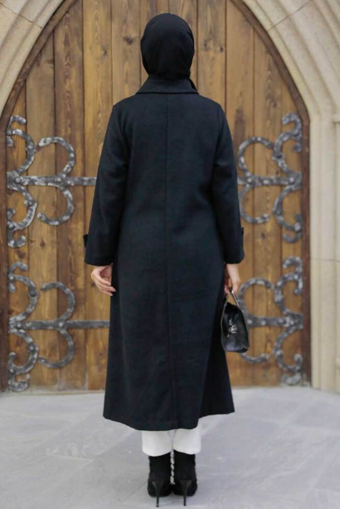 Neva Style - Düğmeli Siyah Tesettür Kaşe Kap 5808S - 8