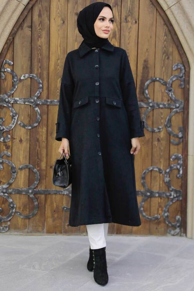 Neva Style - Düğmeli Siyah Tesettür Kaşe Kap 5808S - NEVA STYLE