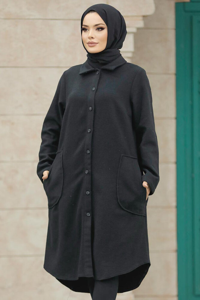 Neva Style - Düğmeli Siyah Tesettür Kaşe Tunik 5951S - 2