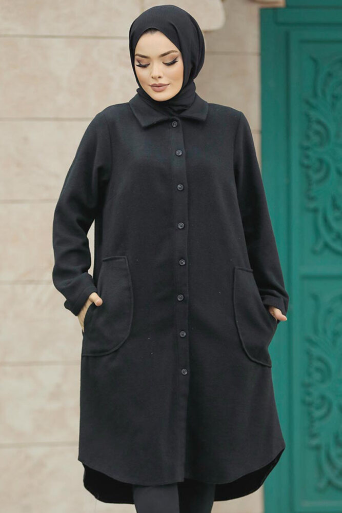 Neva Style - Düğmeli Siyah Tesettür Kaşe Tunik 5951S - 3