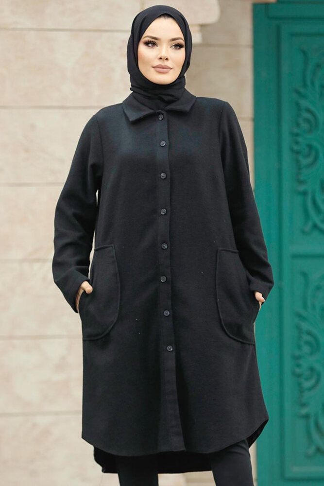 Neva Style - Düğmeli Siyah Tesettür Kaşe Tunik 5951S - 5
