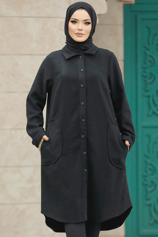 Neva Style - Düğmeli Siyah Tesettür Kaşe Tunik 5951S - 1