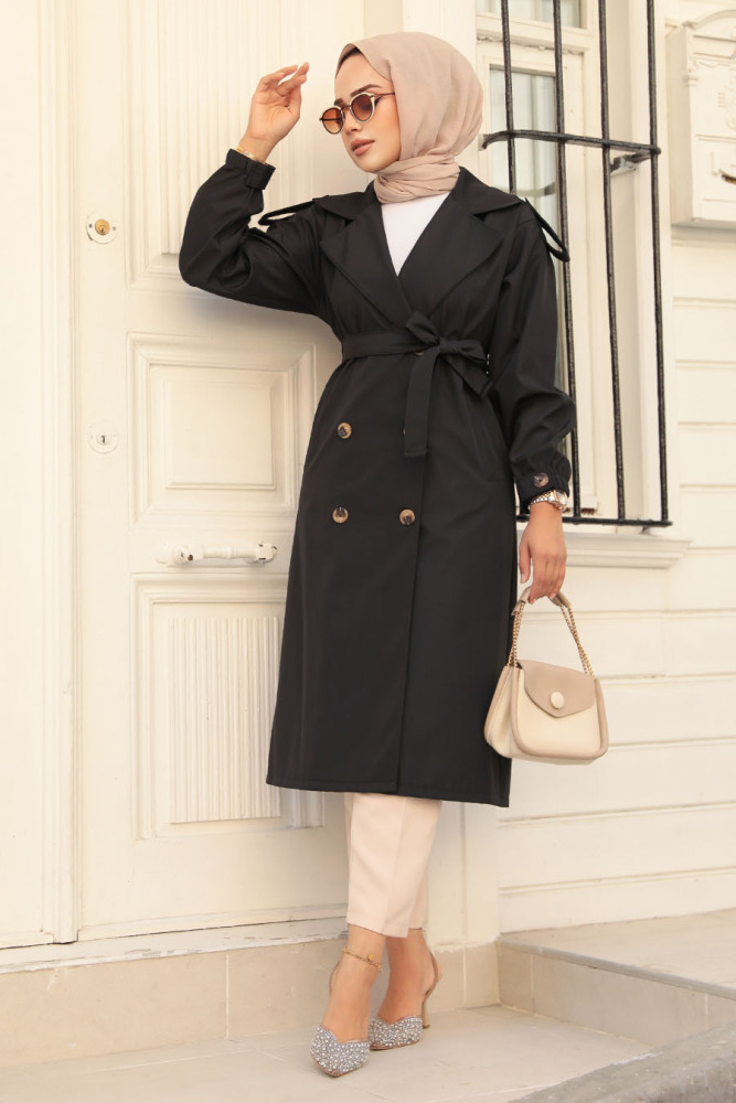 Neva Style - Düğmeli Siyah Tesettür Trençkot 647S - 1