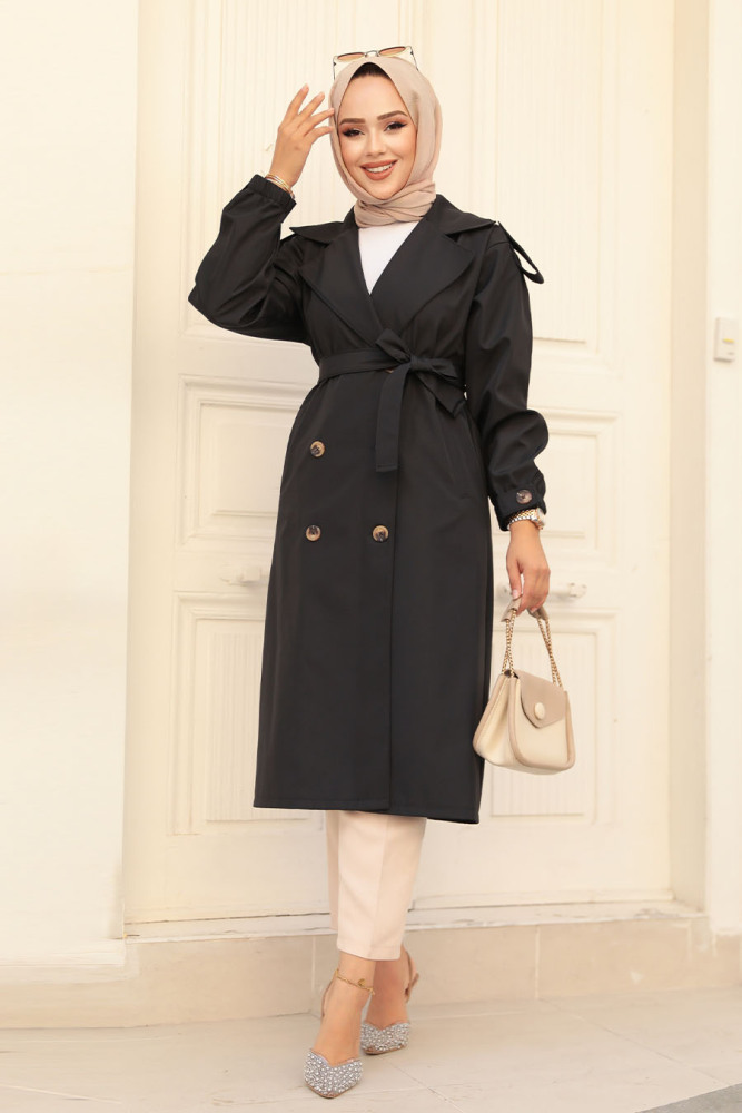 Neva Style - Düğmeli Siyah Tesettür Trençkot 647S - 2