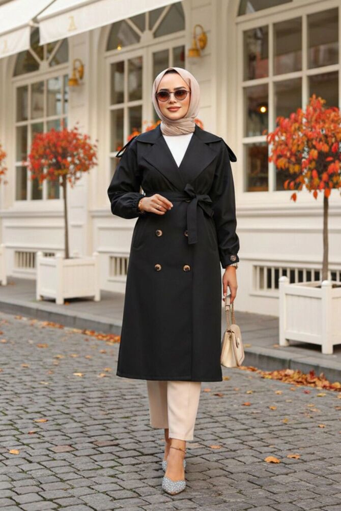  Düğmeli Siyah Tesettür Trençkot 647S - NEVA STYLE