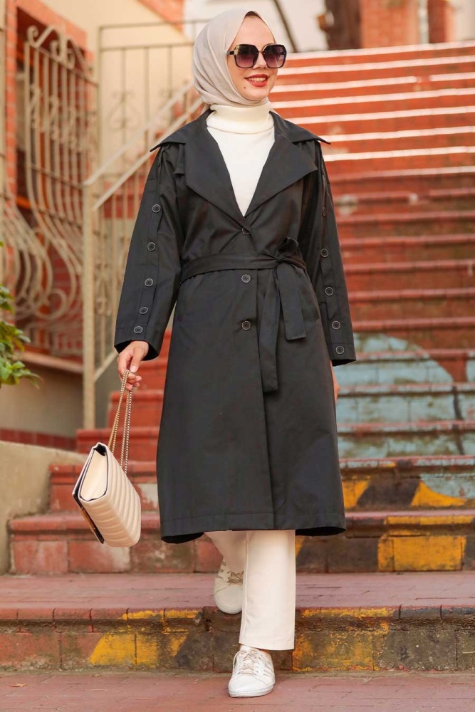 Neva Style - Düğmeli Siyah Tesettür Trençkot 8919S - 1