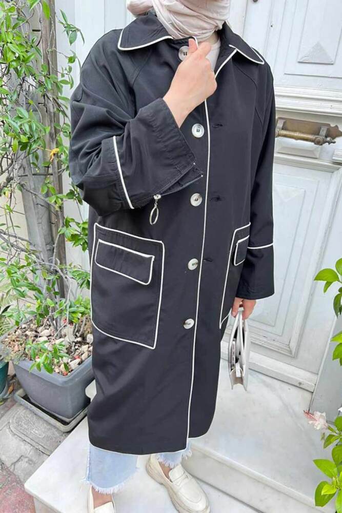 Neva Style - Düğmeli Siyah Tesettür Trençkot 9206S - 2