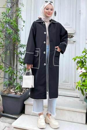 Neva Style - Düğmeli Siyah Tesettür Trençkot 9206S - 1