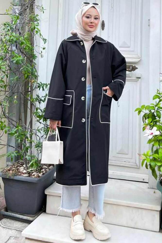 Neva Style - Düğmeli Siyah Tesettür Trençkot 9206S - 1