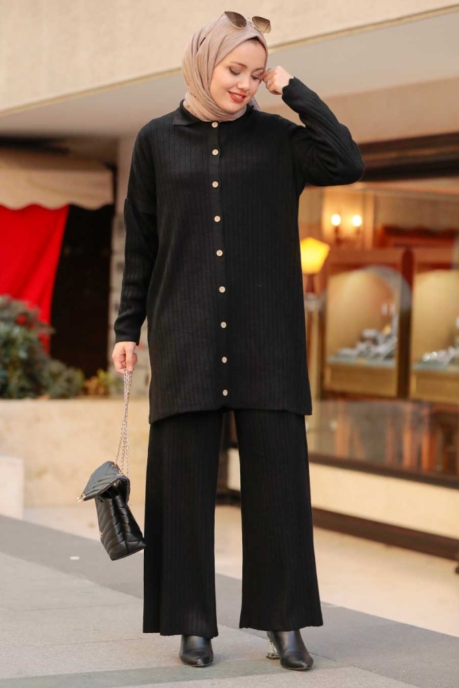 Neva Style - Düğmeli Siyah Tesettür Triko İkili Takım 33860S - 1