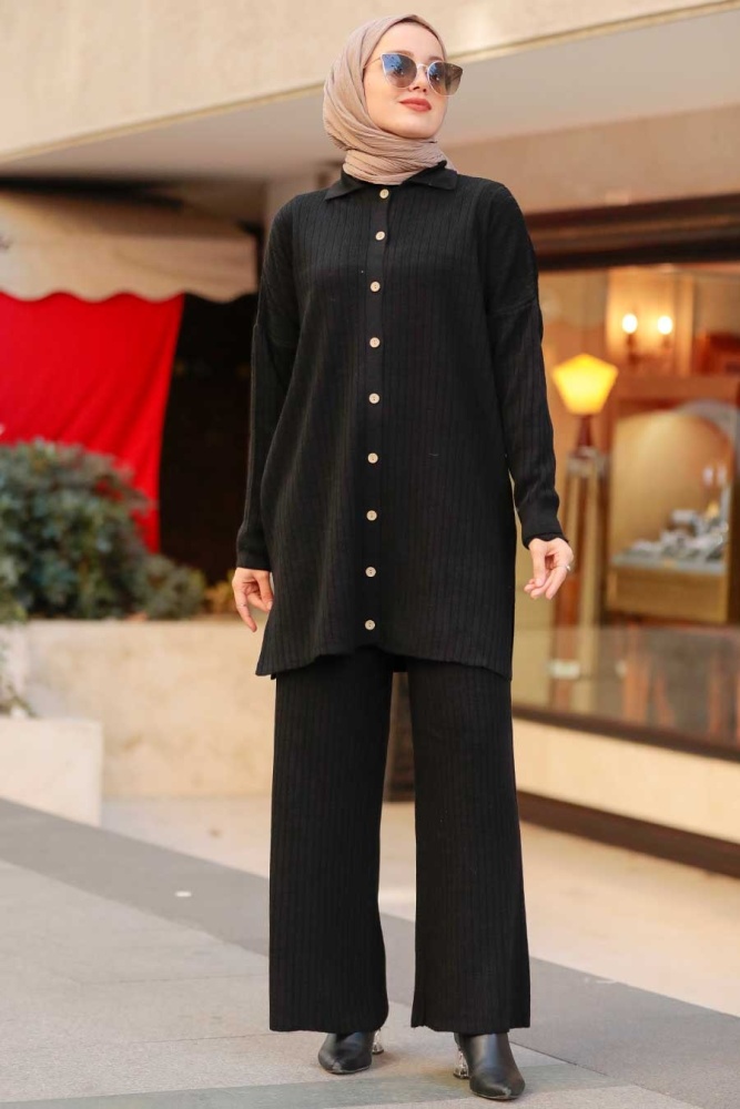 Neva Style - Düğmeli Siyah Tesettür Triko İkili Takım 33860S - 2