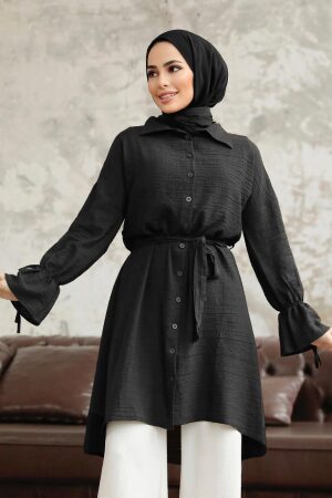 Neva Style - Düğmeli Siyah Tesettür Tunik 11261S - 1