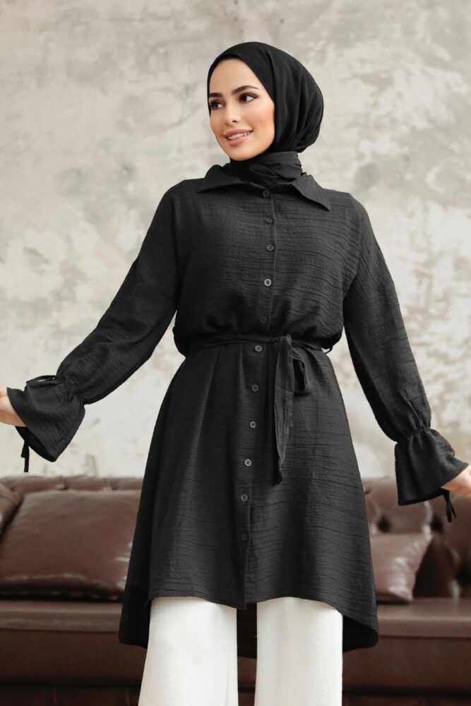 Neva Style - Düğmeli Siyah Tesettür Tunik 11261S - NEVA STYLE