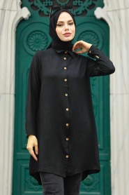 Neva Style - Düğmeli Siyah Tesettür Tunik 1149S - Thumbnail