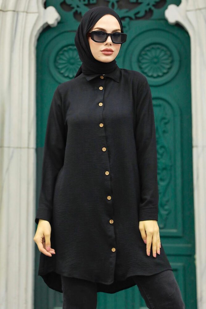  Düğmeli Siyah Tesettür Tunik 1149S - 3