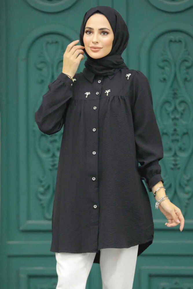  Düğmeli Siyah Tesettür Tunik 573S - 2