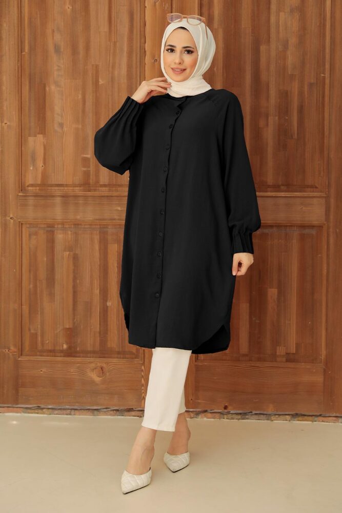 Neva Style - Düğmeli Siyah Tesettür Tunik 6312S - 1