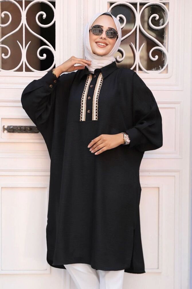 Düğmeli Siyah Tesettür Tunik 663S - 1