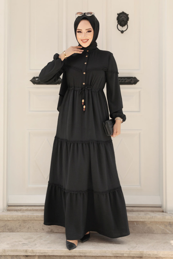 Neva Style - Düğmeli Siyah Tesettür Elbise 63250S - 2