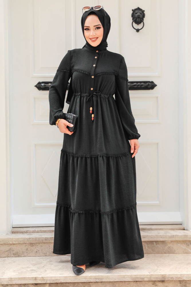Neva Style - Düğmeli Siyah Tesettür Elbise 63250S - 1