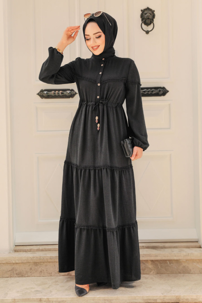 Neva Style - Düğmeli Siyah Tesettür Elbise 63250S - 3
