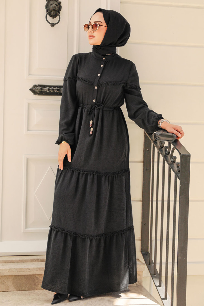 Neva Style - Düğmeli Siyah Tesettür Elbise 63250S - 4