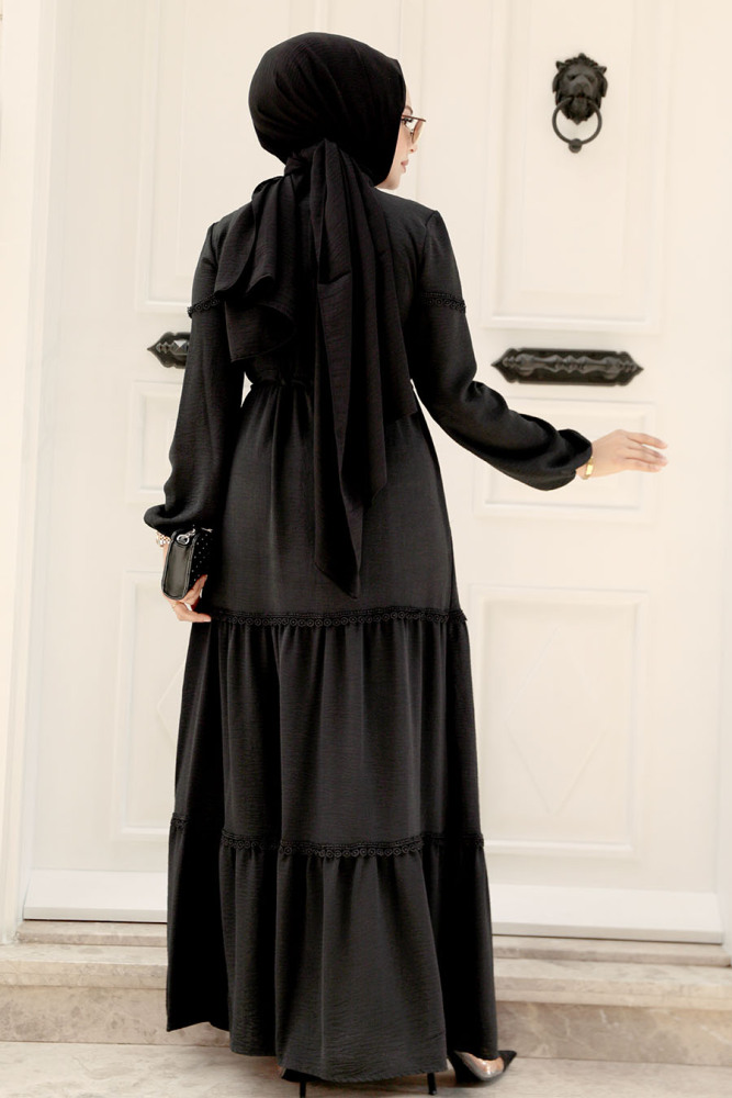 Neva Style - Düğmeli Siyah Tesettür Elbise 63250S - 5