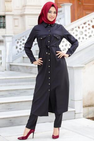 Neva Style - Düğmeli Siyah Tunik - 1