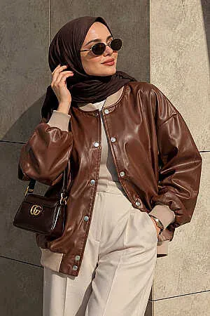  Düğmeli Taba Tesettür Deri Ceket 9264TB - NEVA STYLE