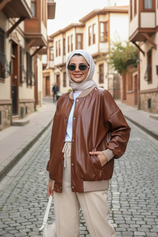  Düğmeli Taba Tesettür Deri Ceket 9264TB - NEVA STYLE