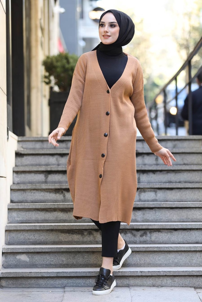  Düğmeli Taba Tesettür Triko Hırka 23760TB - NEVA STYLE