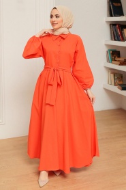 Neva Style - Düğmeli Turuncu Tesettür Elbise 50091T - Thumbnail