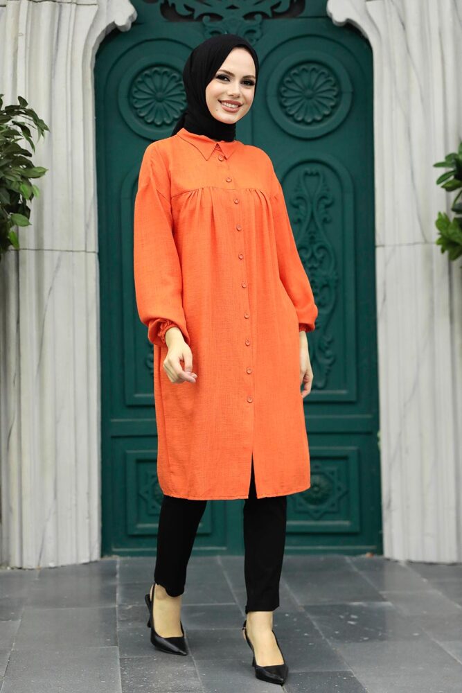 Neva Style - Düğmeli Turuncu Tesettür Tunik 24511T - 2