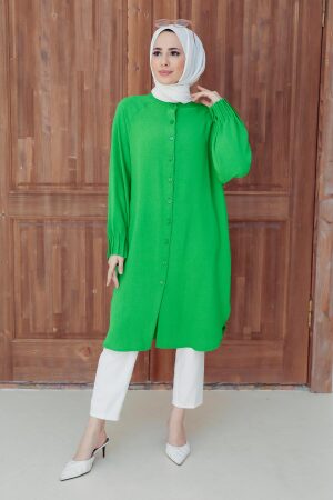 Neva Style - Düğmeli Yeşil Tesettür Tunik 6312Y - 1