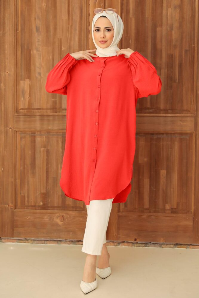 Neva Style - Düğmeli Turuncu Tesettür Tunik 6312T - 1