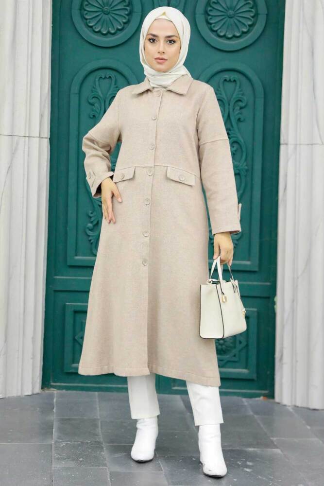 Neva Style - Düğmeli Vizon Tesettür Kaşe Kap 5808V - NEVA STYLE