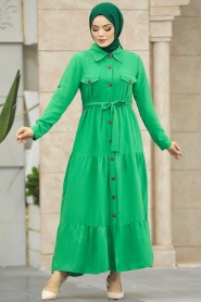 Neva Style - Düğmeli Yeşil Tesettür Elbise 40971Y - Thumbnail
