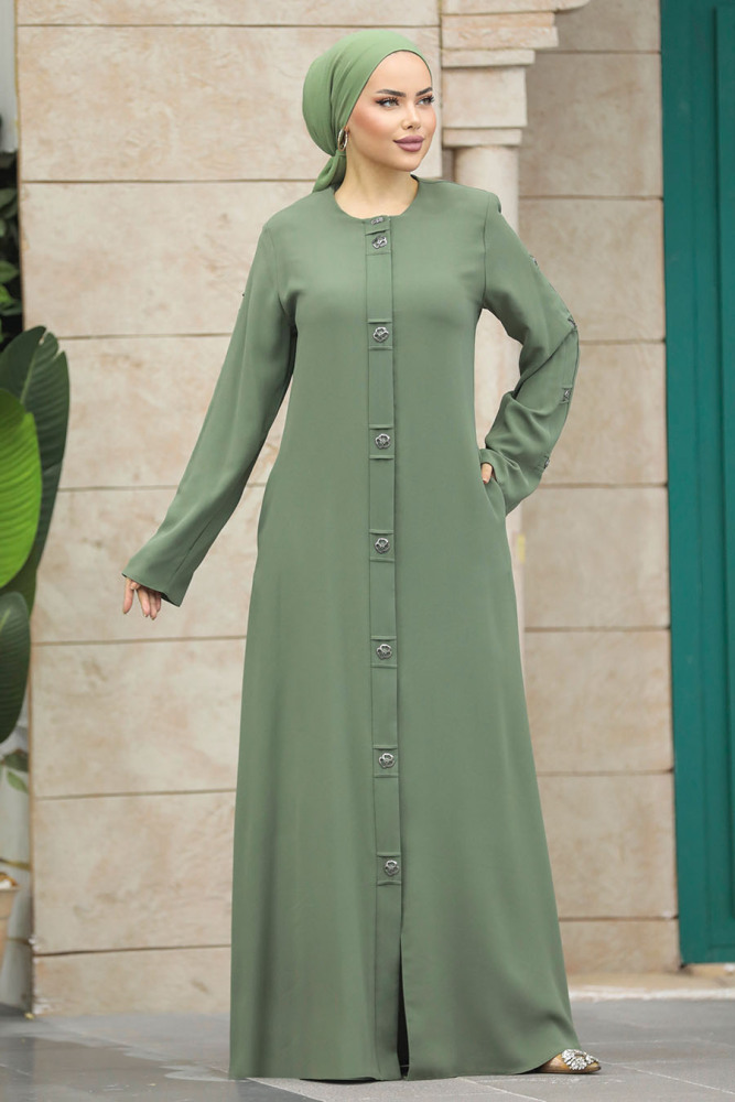 Neva Style - Düğmeli Yeşil Tesettür Ferace 20038Y - 4