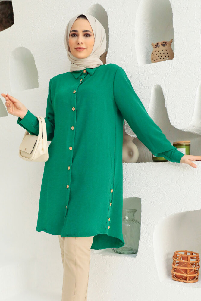 Neva Style - Düğmeli Yeşil Tesettür Tunik 1148Y - 1