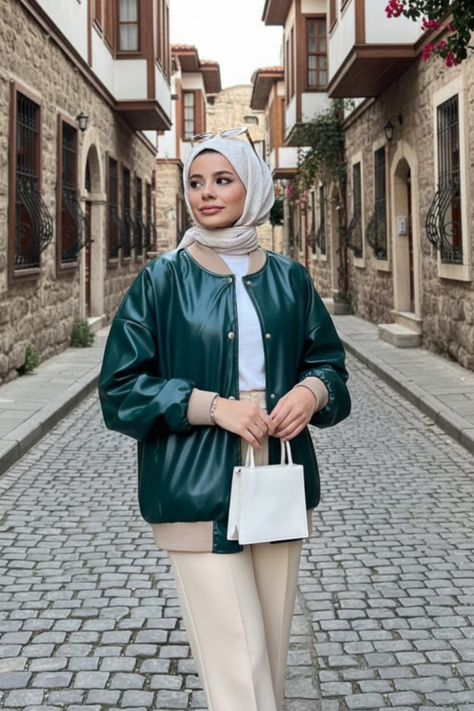  Düğmeli Zümrüt Yeşili Tesettür Deri Ceket 9264ZY - 1