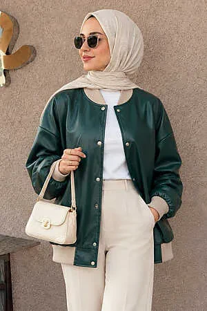  Düğmeli Zümrüt Yeşili Tesettür Deri Ceket 9264ZY - NEVA STYLE