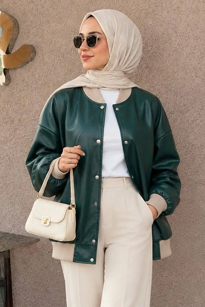  Düğmeli Zümrüt Yeşili Tesettür Deri Ceket 9264ZY - NEVA STYLE