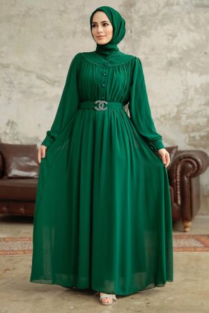 Neva Style - Düğmeli Zümrüt Yeşili Tesettür Elbise 33284ZY - 2