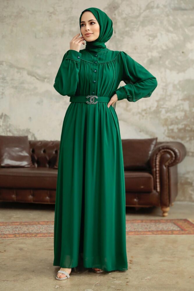 Neva Style - Düğmeli Zümrüt Yeşili Tesettür Elbise 33284ZY - 1