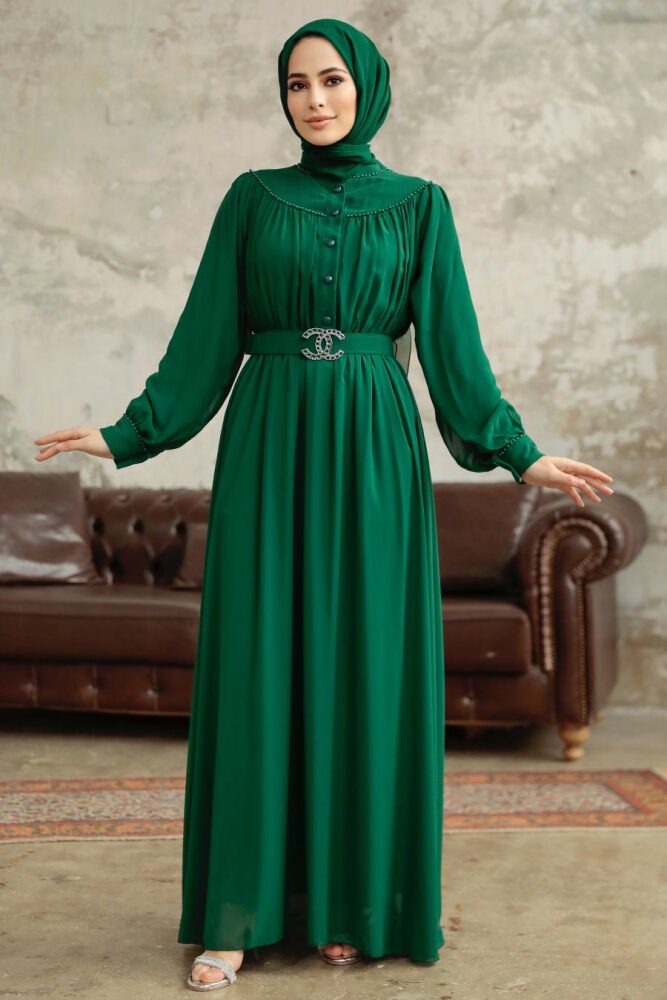 Neva Style - Düğmeli Zümrüt Yeşili Tesettür Elbise 33284ZY - 3