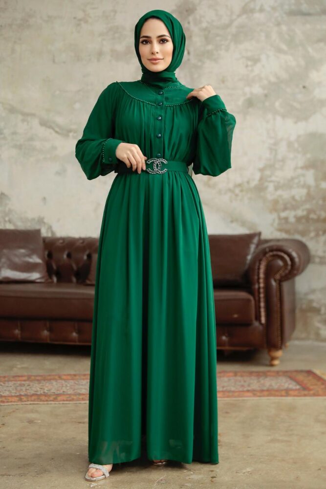 Neva Style - Düğmeli Zümrüt Yeşili Tesettür Elbise 33284ZY - 4