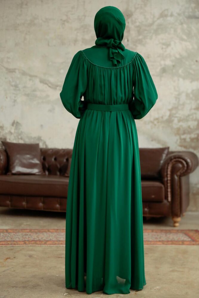 Neva Style - Düğmeli Zümrüt Yeşili Tesettür Elbise 33284ZY - 5