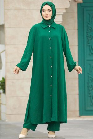 Neva Style - Düğmeli Zümrüt Yeşili Tesettür İkili Takım 10101ZY - 2