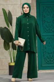 Neva Style - Düğmeli Zümrüt Yeşili Tesettür Triko İkili Takım 33860ZY - Thumbnail